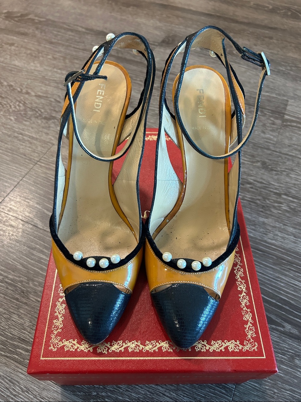 Fendi Black and Mustard Pearl-Embellished Slingback Heels